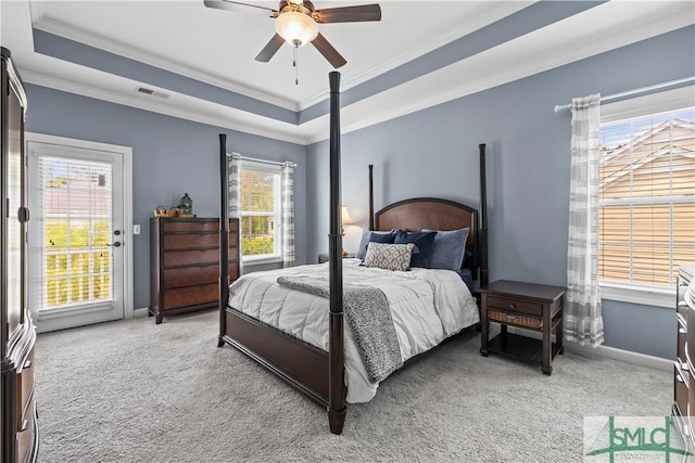 carpeted bedroom with baseboards, visible vents, access to exterior, and a raised ceiling