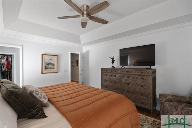 bedroom with a closet, wood finished floors, a tray ceiling, a spacious closet, and a ceiling fan