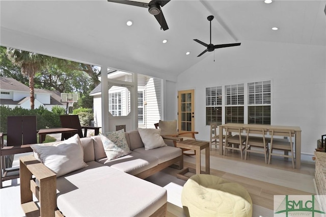 view of patio with ceiling fan and outdoor lounge area
