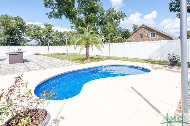 view of pool featuring a fenced backyard, a fenced in pool, and a patio