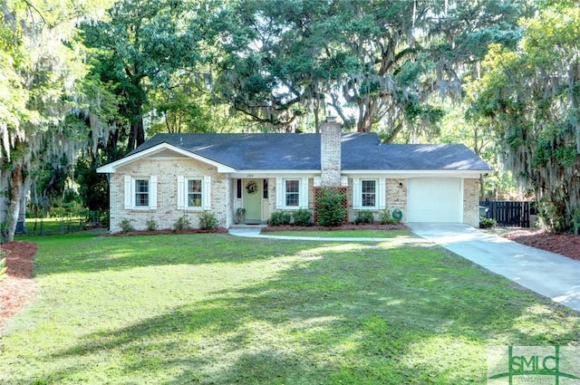 ranch-style home featuring a garage, a front lawn, fence, a chimney, and brick siding