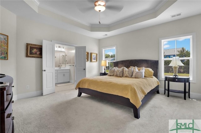 631 Blue Moon Xing, Pooler, GA 31322 - bedroom with visible vents, ornamental molding, a tray ceiling, and light carpet