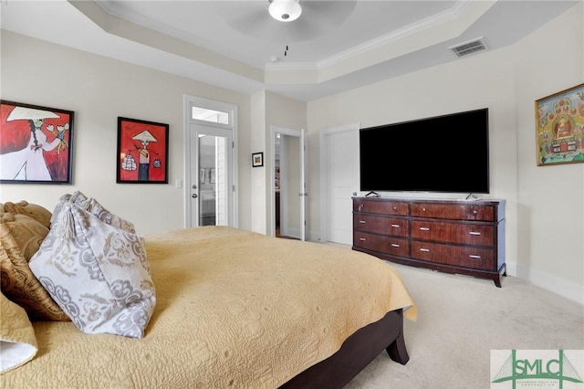 631 Blue Moon Xing, Pooler, GA 31322 - bedroom featuring visible vents, ornamental molding, ceiling fan, light colored carpet, and a tray ceiling
