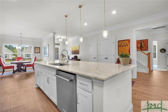631 Blue Moon Xing, Pooler, GA 31322 - kitchen featuring crown molding, white cabinetry, a sink, dishwasher, and light wood-style flooring