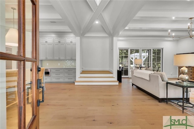 hallway featuring stairs, recessed lighting, light wood finished floors, and beam ceiling