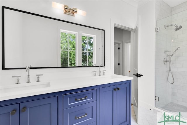 bathroom featuring double vanity, a shower stall, and a sink