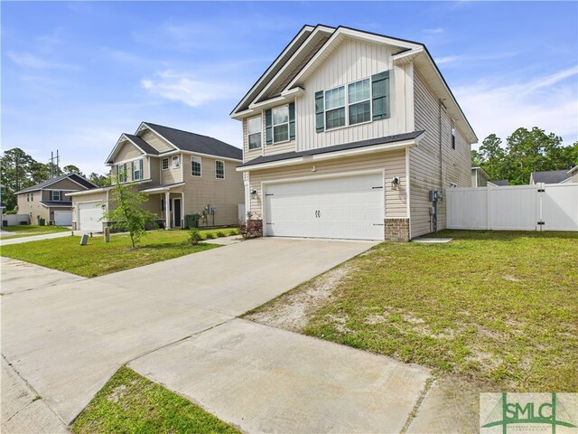 1246 Cypress Fall Cir, Hinesville, GA 31313 - view of front facade featuring a front lawn, fence, board and batten siding, an attached garage, and driveway