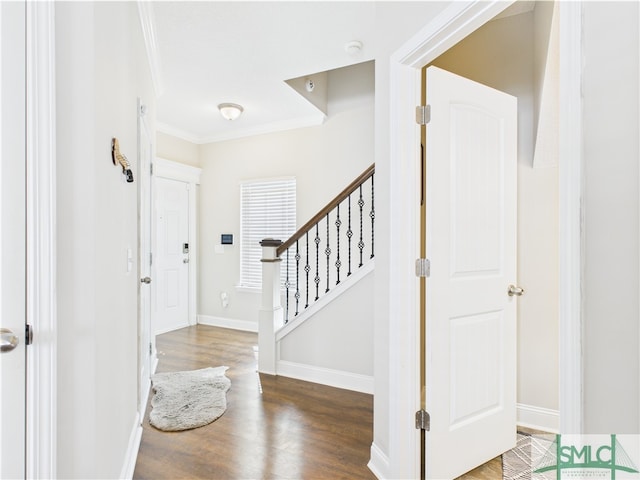 1246 Cypress Fall Cir, Hinesville, GA 31313 - foyer featuring crown molding, baseboards, wood finished floors, and stairway