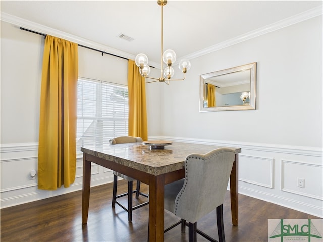1246 Cypress Fall Cir, Hinesville, GA 31313 - dining area with visible vents, dark wood finished floors, a notable chandelier, ornamental molding, and a decorative wall