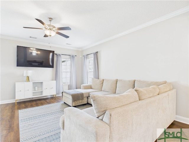 1246 Cypress Fall Cir, Hinesville, GA 31313 - living room with a ceiling fan, visible vents, crown molding, baseboards, and dark wood-type flooring