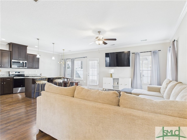 1246 Cypress Fall Cir, Hinesville, GA 31313 - living area featuring crown molding, dark wood finished floors, ceiling fan, and a wealth of natural light
