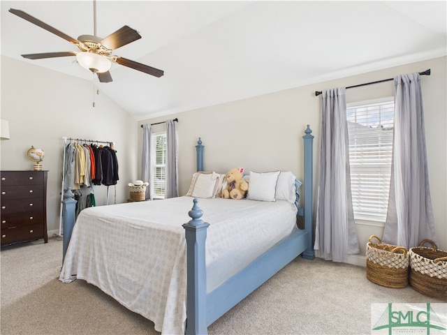 1246 Cypress Fall Cir, Hinesville, GA 31313 - bedroom featuring a ceiling fan, vaulted ceiling, and light carpet