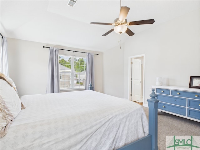 1246 Cypress Fall Cir, Hinesville, GA 31313 - bedroom with a ceiling fan, carpet, vaulted ceiling, and visible vents