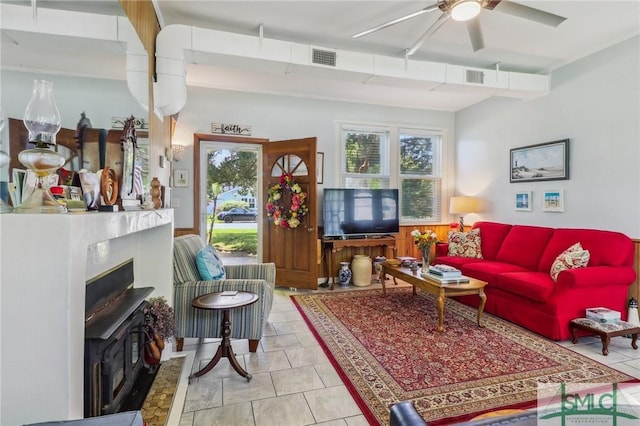 1508 Miller Ave, Tybee Island, GA 31328 - living area featuring visible vents, ceiling fan, and tile patterned floors