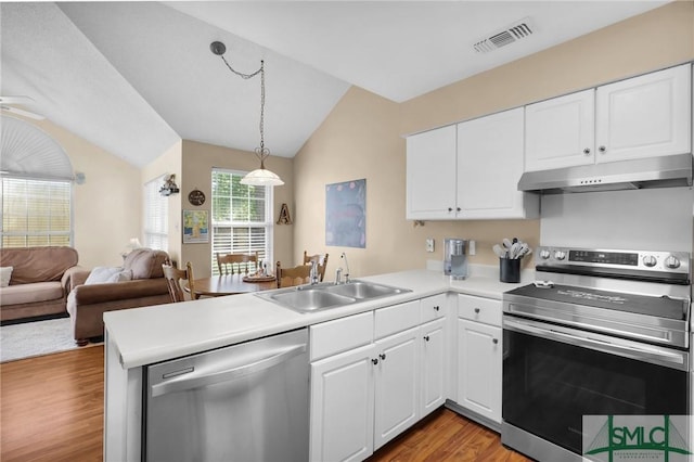 kitchen with appliances with stainless steel finishes, vaulted ceiling, a sink, a peninsula, and under cabinet range hood