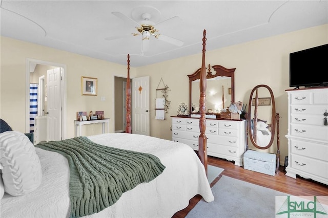 bedroom featuring ceiling fan and wood finished floors