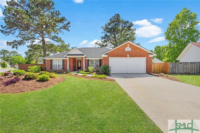 view of front of house with fence, brick siding, a garage, a front yard, and concrete driveway