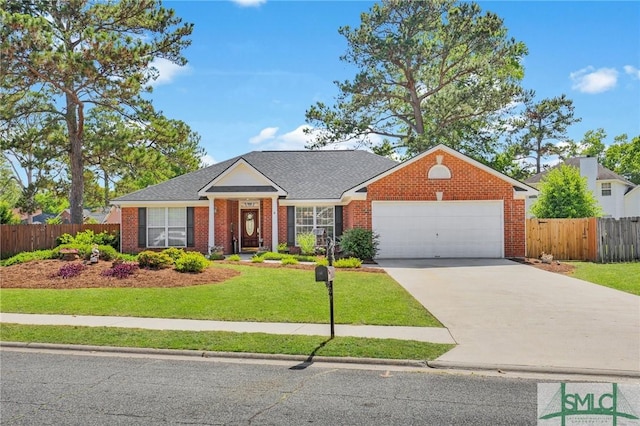view of front of home featuring fence, a front lawn, brick siding, a garage, and concrete driveway