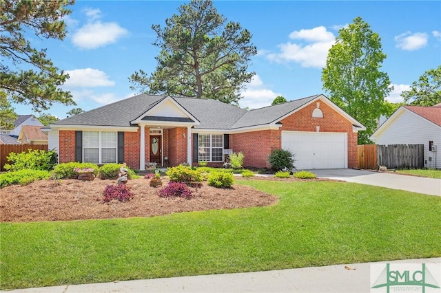 view of front of home with brick siding, an attached garage, fence, and driveway