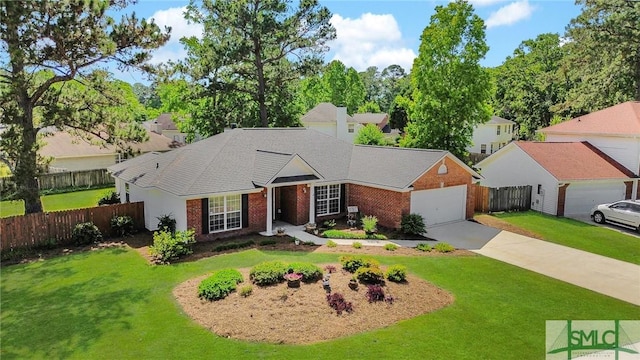 ranch-style house with brick siding, fence, a front yard, and a garage