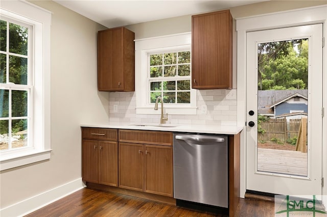 kitchen with plenty of natural light, tasteful backsplash, a sink, and dishwasher