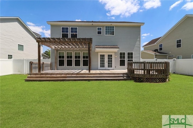 back of property featuring a pergola, a fenced backyard, and a deck