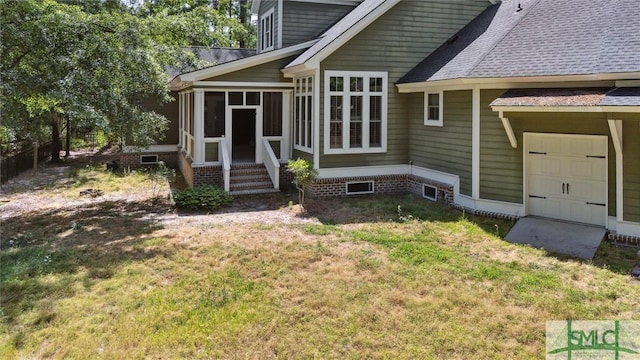 80 Hickory St, Richmond Hill, GA 31324 - exterior space with a lawn, crawl space, a shingled roof, and a garage