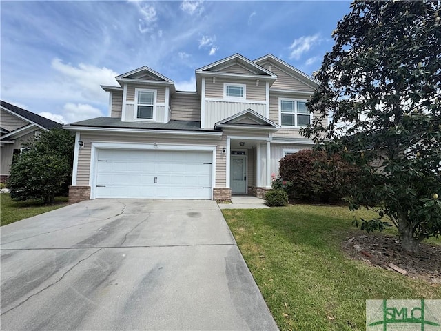 view of front of property featuring an attached garage, driveway, and a front yard