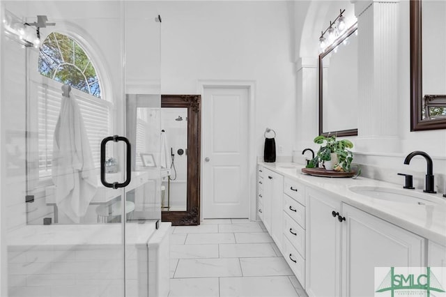 5 Lazy Hammock Ct, Savannah, GA 31419 - bathroom with a sink, a shower stall, double vanity, and marble finish floor