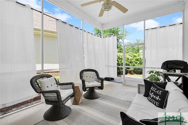 5 Lazy Hammock Ct, Savannah, GA 31419 - sunroom featuring finished concrete flooring, ceiling fan, and outdoor lounge area