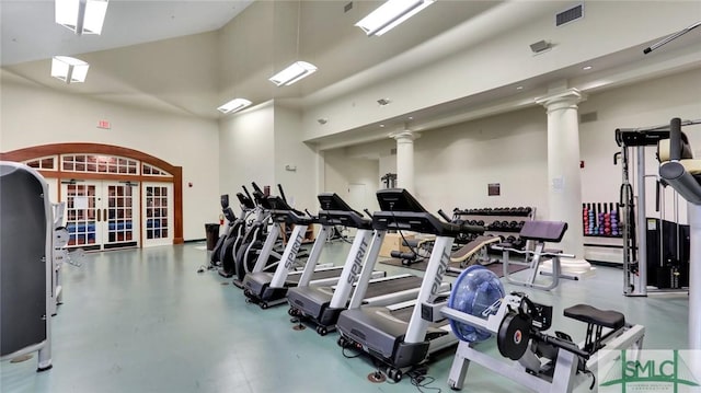 5 Lazy Hammock Ct, Savannah, GA 31419 - workout area with visible vents, ornate columns, and a towering ceiling