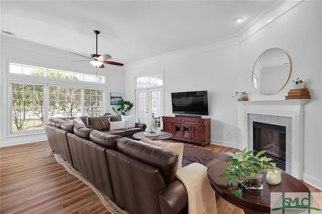 5 Lazy Hammock Ct, Savannah, GA 31419 - living area with a ceiling fan, french doors, visible vents, wood finished floors, and a glass covered fireplace