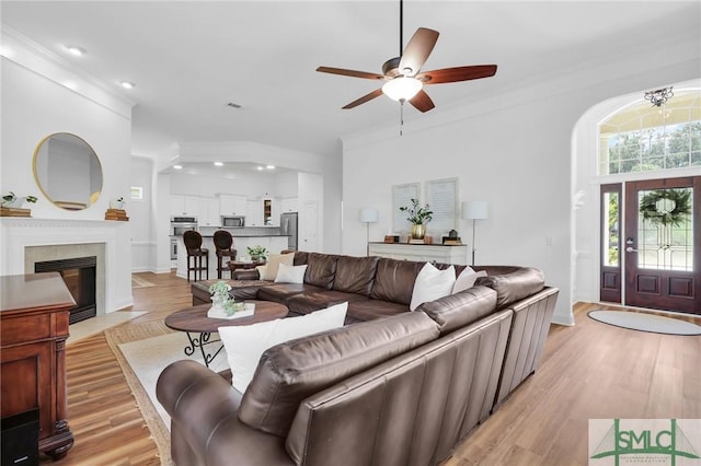 5 Lazy Hammock Ct, Savannah, GA 31419 - living area with ornamental molding, ceiling fan, recessed lighting, a tile fireplace, and light wood finished floors