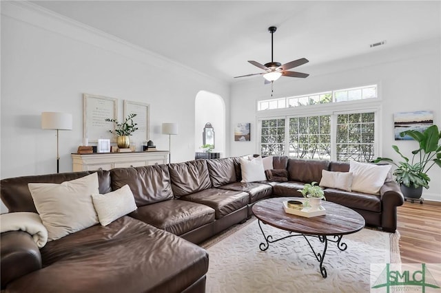 5 Lazy Hammock Ct, Savannah, GA 31419 - living area featuring a ceiling fan, visible vents, arched walkways, wood finished floors, and ornamental molding