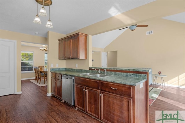 kitchen featuring a sink, baseboards, dark wood-type flooring, stainless steel dishwasher, and visible vents