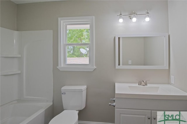 full bathroom featuring baseboards, vanity, toilet, and  shower combination