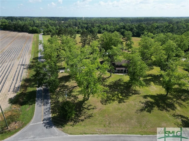 birds eye view of property with a view of trees and a rural view