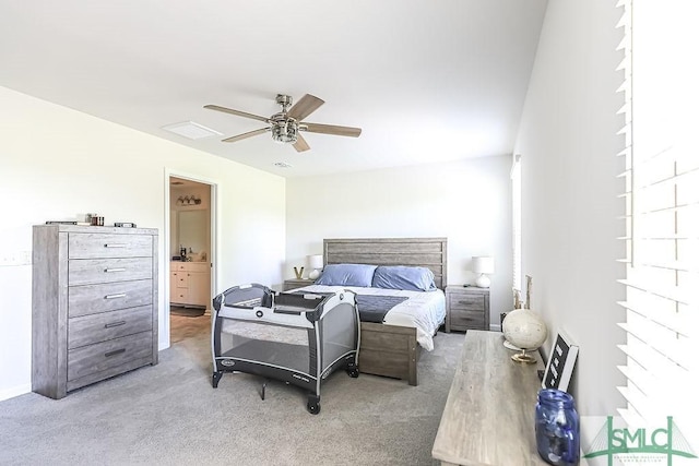 166 Benelli Dr, Pooler, GA 31322 - bedroom with light carpet, a ceiling fan, ensuite bath, and visible vents
