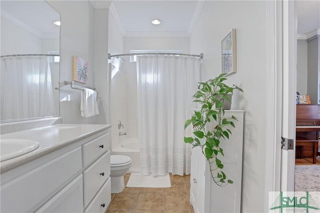 bathroom with toilet, ornamental molding, shower / tub combo with curtain, and vanity