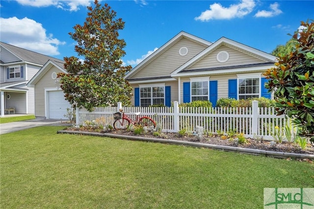 ranch-style home with concrete driveway, fence, and a front yard
