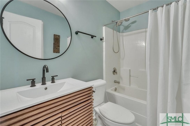 full bath featuring vanity, shower / bathtub combination with curtain, and toilet