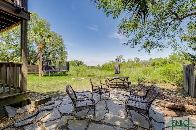 view of patio / terrace featuring fence and a trampoline