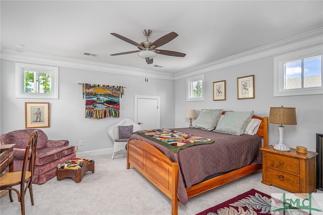 bedroom with crown molding, multiple windows, and visible vents