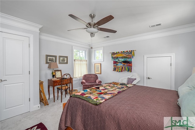 bedroom featuring visible vents, baseboards, crown molding, and light colored carpet
