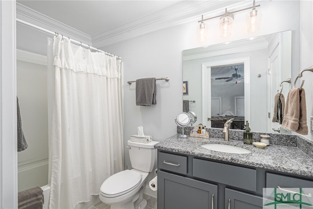 ensuite bathroom featuring ensuite bathroom, a ceiling fan, vanity, toilet, and ornamental molding