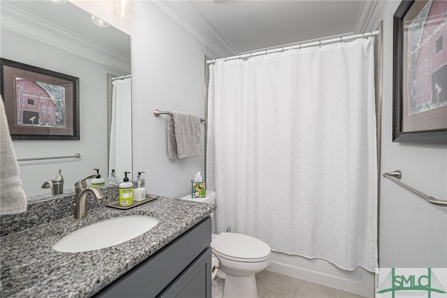 full bath featuring tile patterned flooring, crown molding, toilet, and vanity