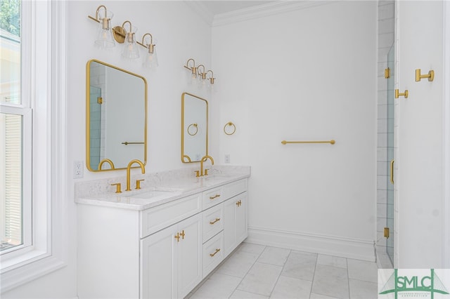 full bathroom with crown molding, double vanity, a sink, and a shower with shower door