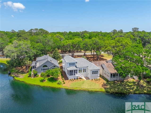 bird's eye view with a water view