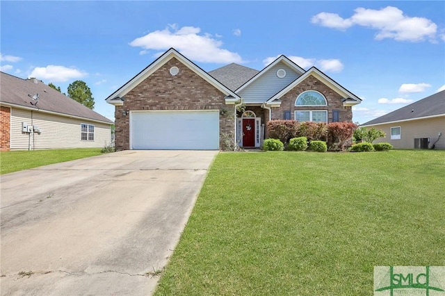 1212 Peacock Trl, Hinesville, GA 31313 - view of front facade with a garage, a front lawn, brick siding, concrete driveway, and central air condition unit
