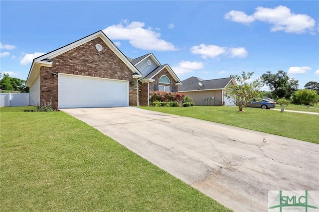 1212 Peacock Trl, Hinesville, GA 31313 - view of front of property featuring fence, a front lawn, brick siding, a garage, and driveway